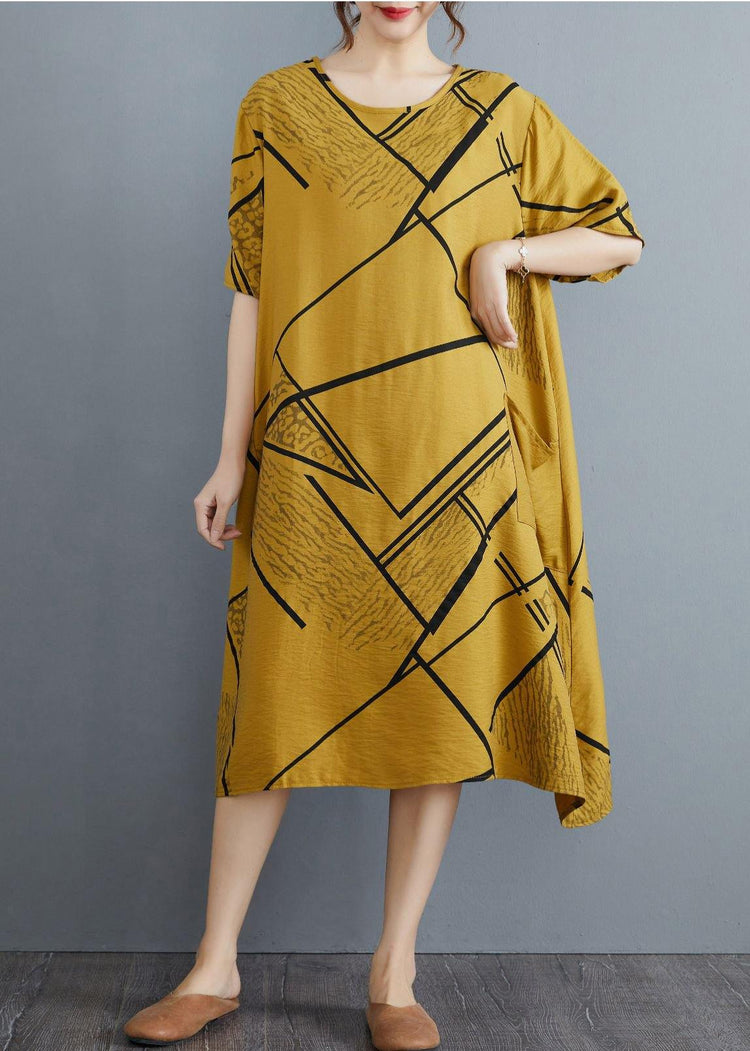 Vintage Yellow Print Pockets Cotton Linen Long Summer Dress - Omychic