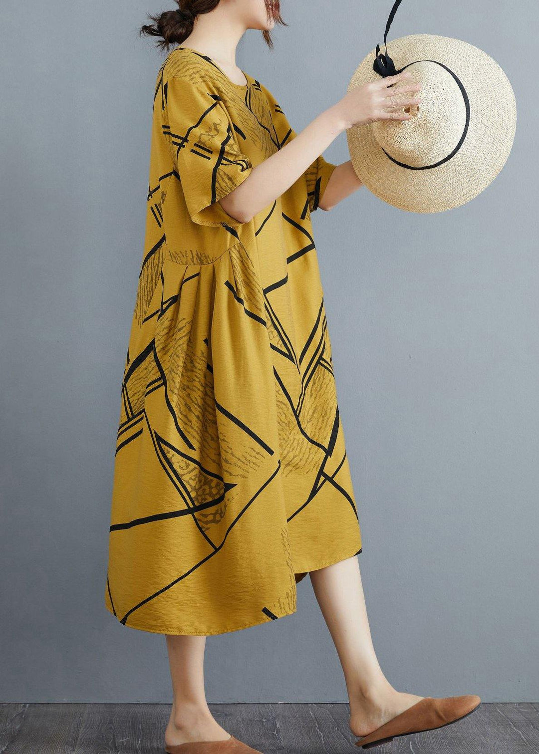 Vintage Yellow Print Pockets Cotton Linen Long Summer Dress - Omychic