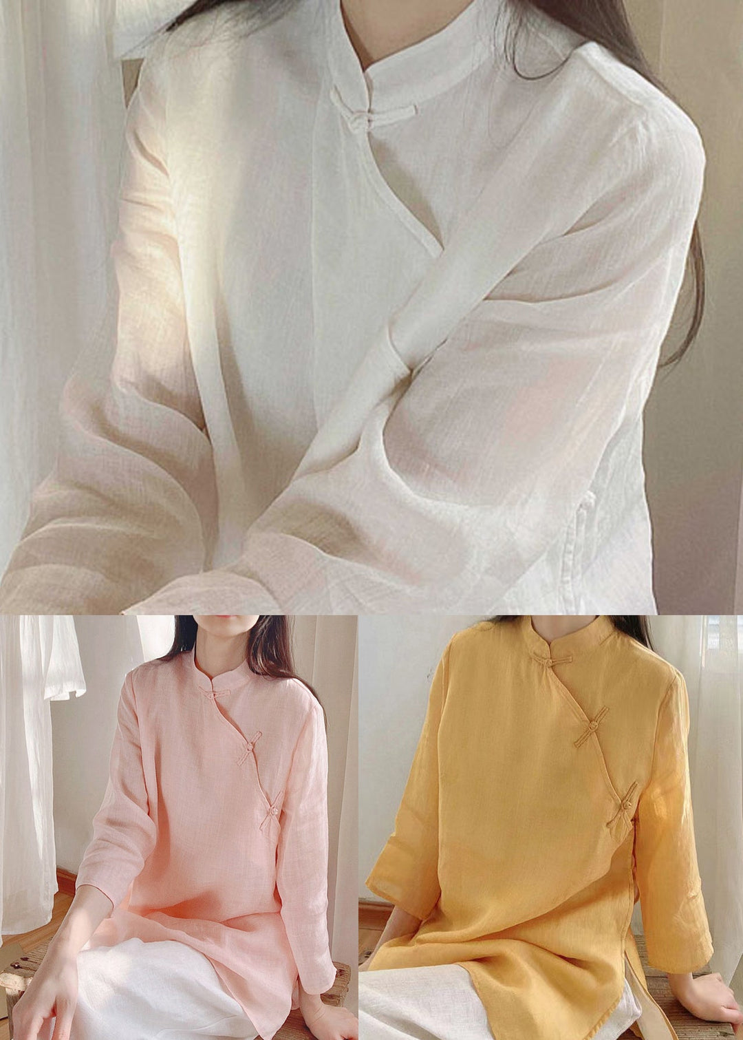 Vintage Yellow Stand Collar Button Cotton Shirt Tops Spring