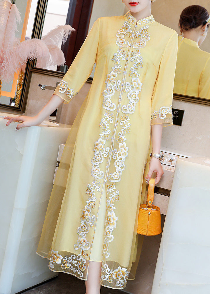 Vintage Yellow Stand Collar Embroideried Button Party Tulle Maxi Dress Long Sleeve