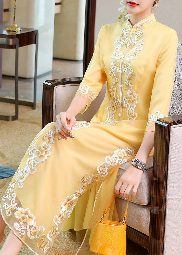 Vintage Yellow Stand Collar Embroideried Button Party Tulle Maxi Dress Long Sleeve