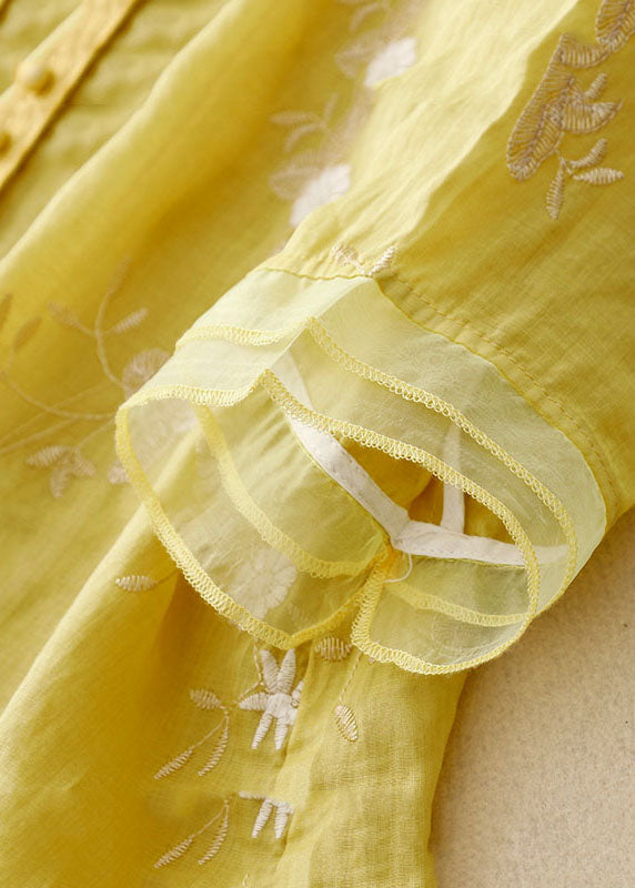 Vintage Yellow Stand Collar Embroideried Patchwork Cotton Shirts Bracelet Sleeve
