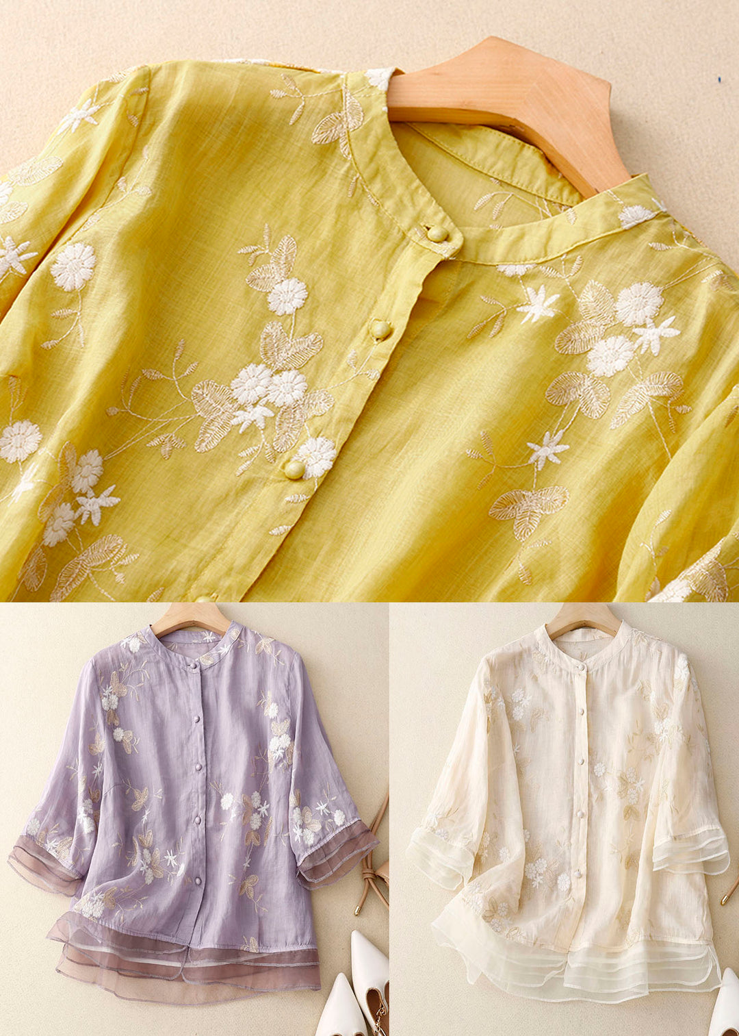 Vintage Yellow Stand Collar Embroideried Patchwork Cotton Shirts Bracelet Sleeve