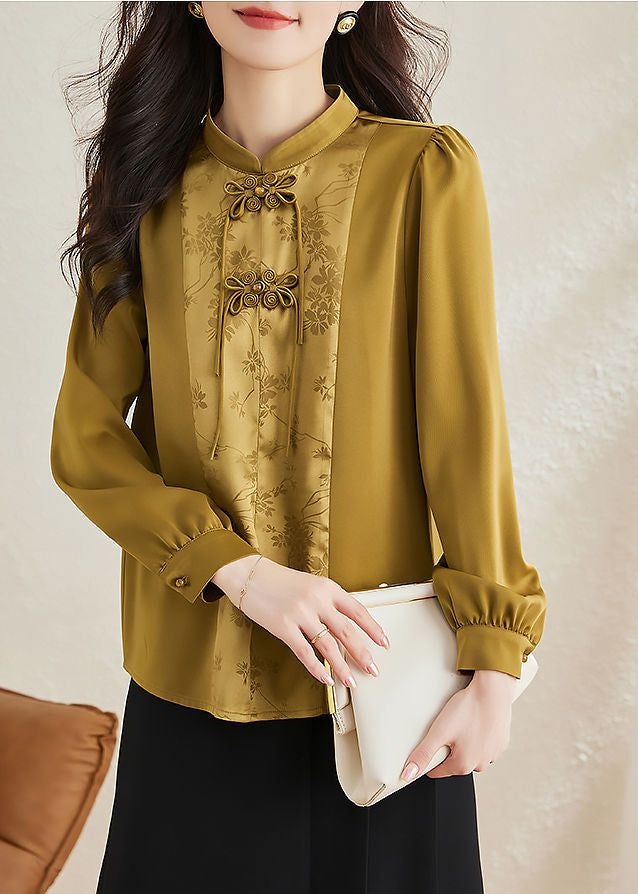 Vintage Yellow Stand Collar Patchwork Chiffon Shirts Spring