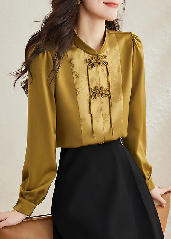 Vintage Yellow Stand Collar Patchwork Chiffon Shirts Spring