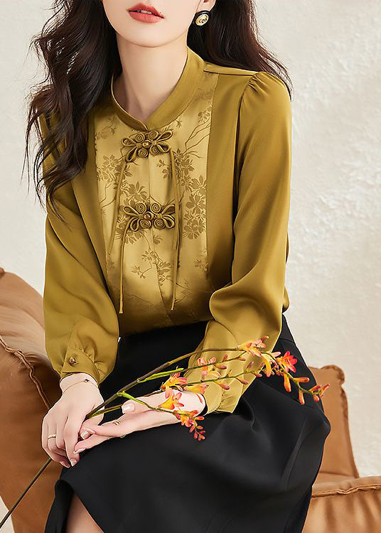 Vintage Yellow Stand Collar Patchwork Chiffon Shirts Spring