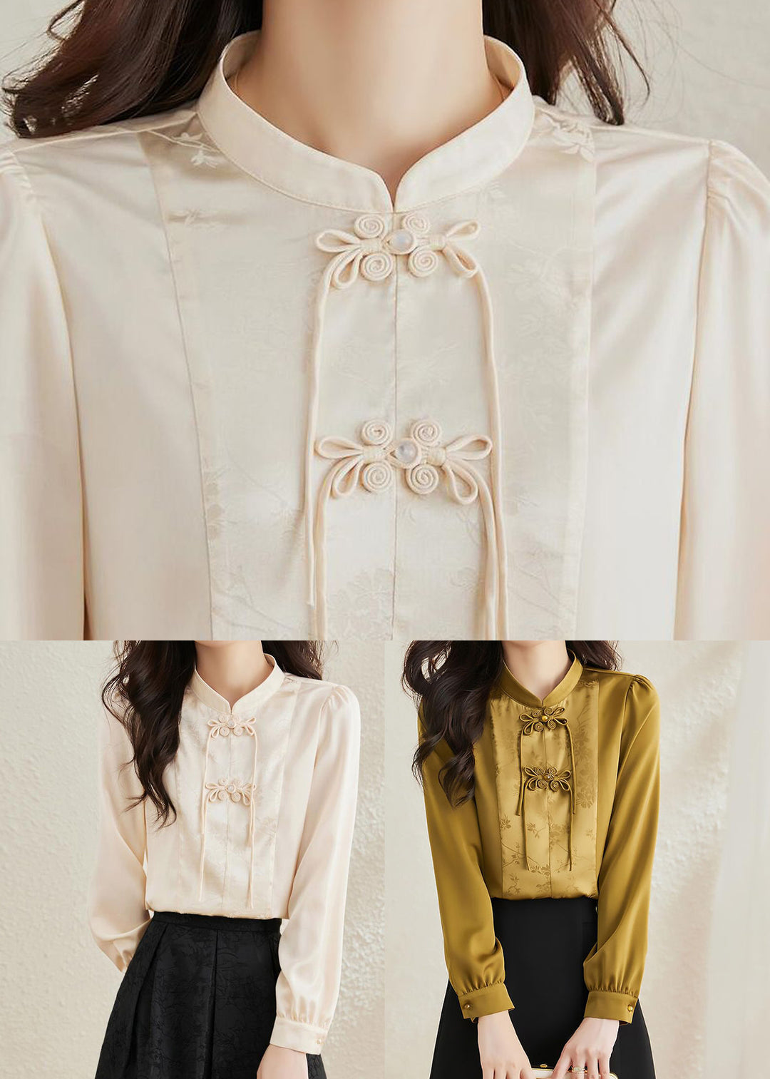 Vintage Yellow Stand Collar Patchwork Chiffon Shirts Spring