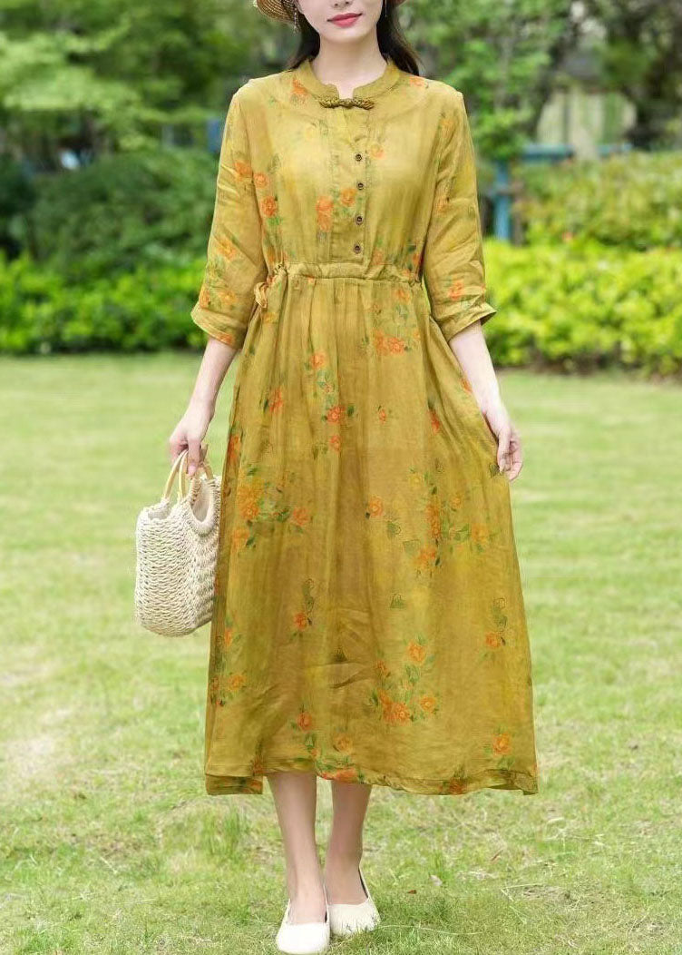 Vintage Yellow Stand Collar Print Drawstring Patchwork Linen Dress Summer