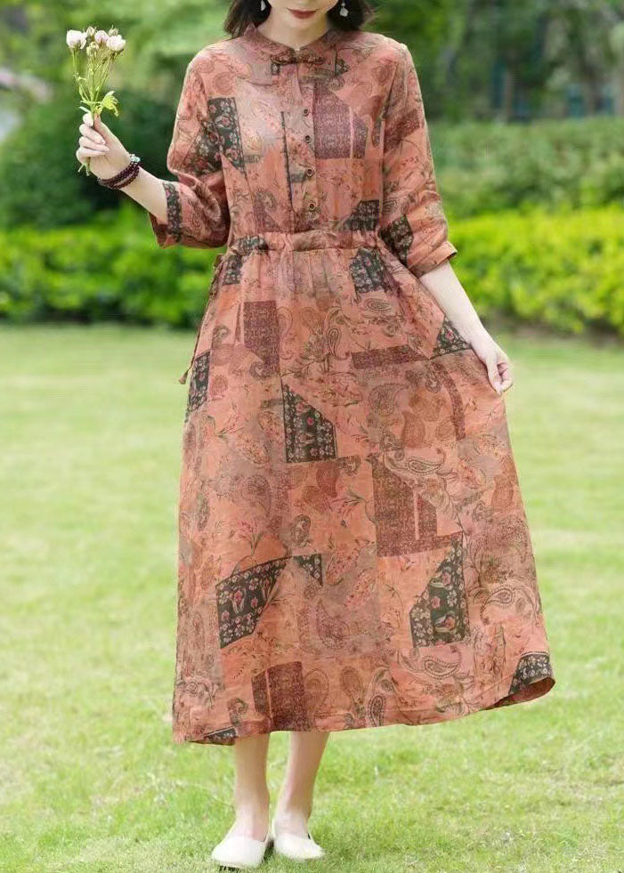 Vintage Yellow Stand Collar Print Drawstring Patchwork Linen Dress Summer