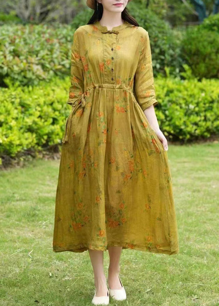 Vintage Yellow Stand Collar Print Drawstring Patchwork Linen Dress Summer