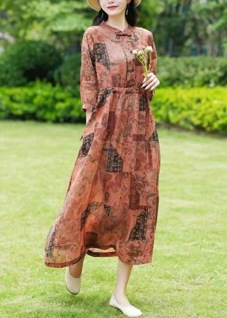 Vintage Yellow Stand Collar Print Drawstring Patchwork Linen Dress Summer