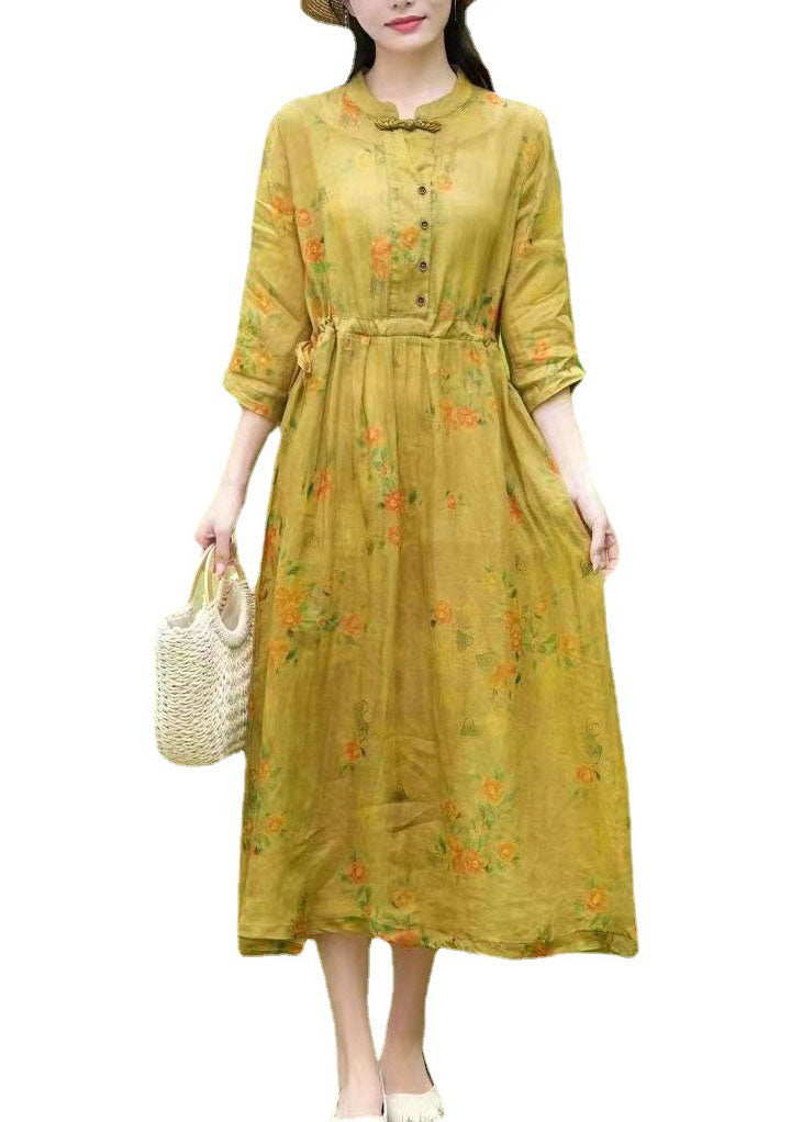 Vintage Yellow Stand Collar Print Drawstring Patchwork Linen Dress Summer