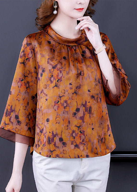 Vintage Yellow Stand Collar Zippered Print Silk Shirts Bracelet Sleeve