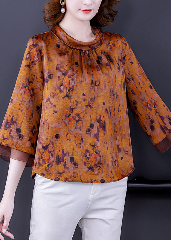 Vintage Yellow Stand Collar Zippered Print Silk Shirts Bracelet Sleeve