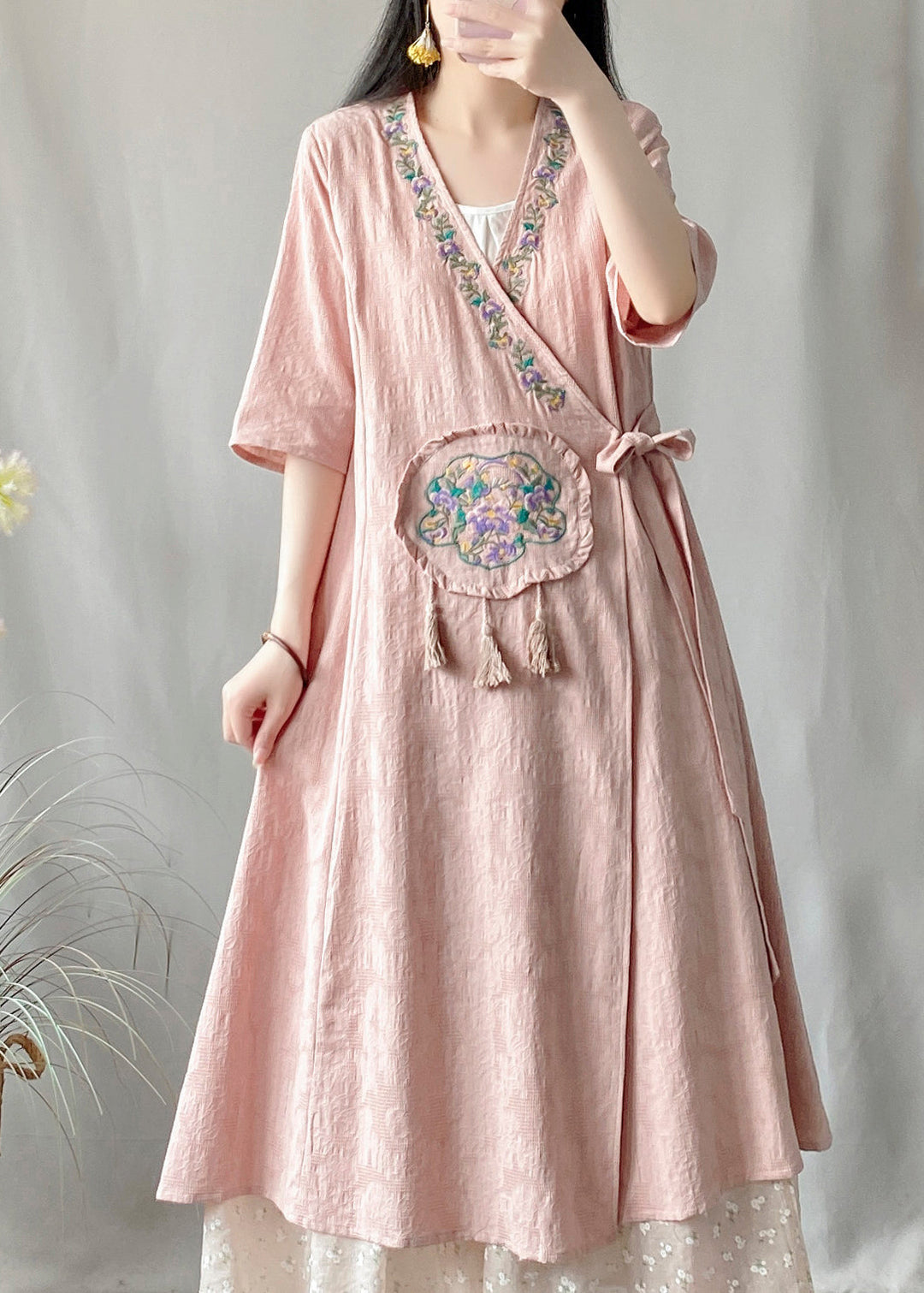 Vintage Yellow V Neck Embroidered Lace Up Cotton Cardigan Summer