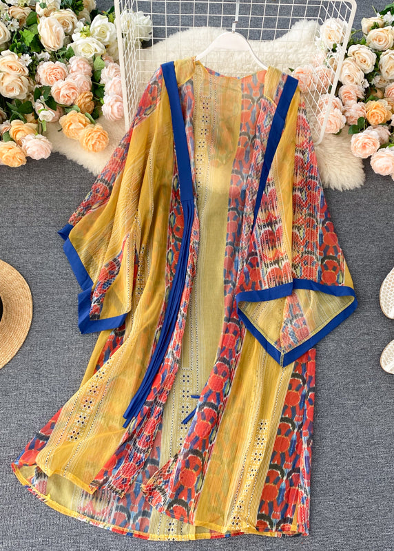 Vintage Yellow V Neck Print Holiday Chiffon Hooded Cardigan Long Sleeve