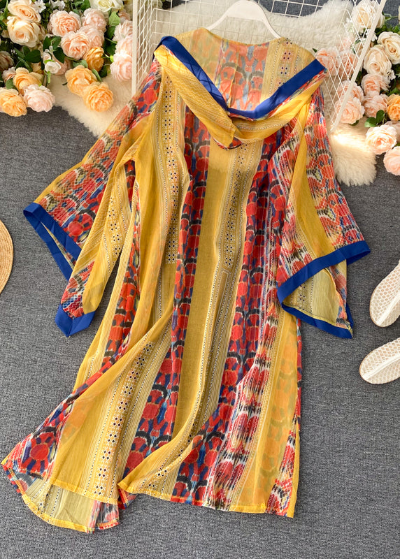 Vintage Yellow V Neck Print Holiday Chiffon Hooded Cardigan Long Sleeve