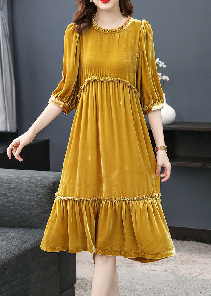Vintage Yellow wrinkled Velour Dress Half Sleeve