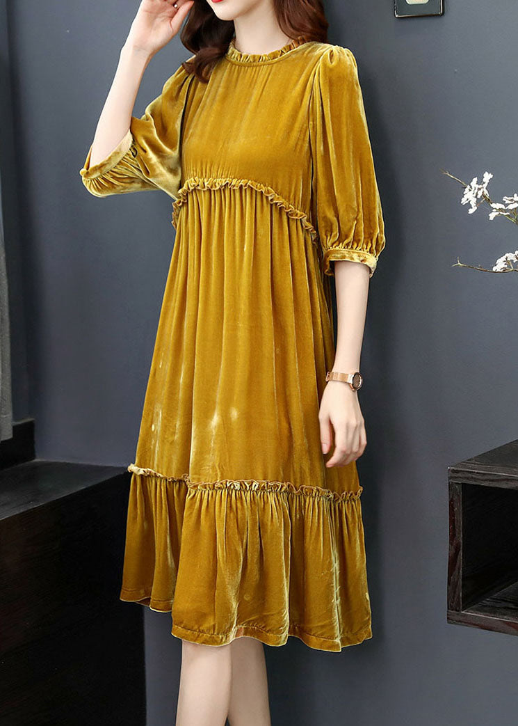 Vintage Yellow wrinkled Velour Dress Half Sleeve