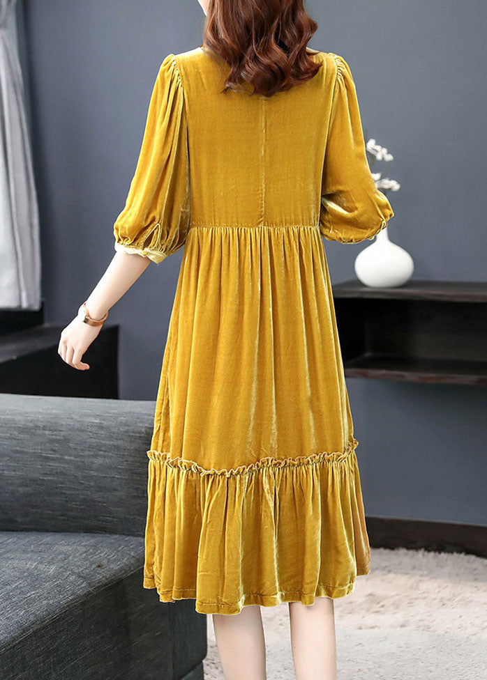 Vintage Yellow wrinkled Velour Dress Half Sleeve