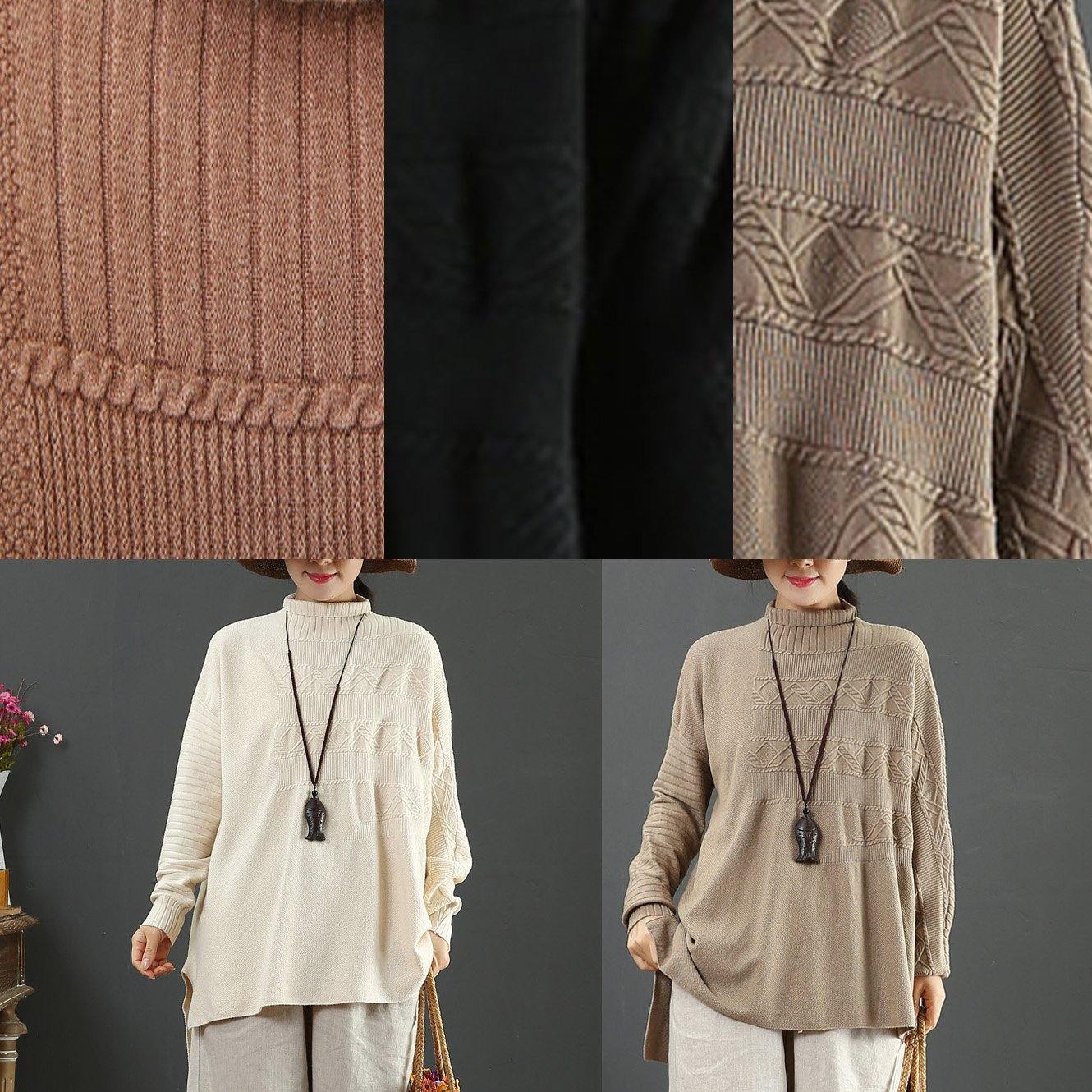Vintage beige knit blouse low high design casual high neck knit sweat tops - Omychic