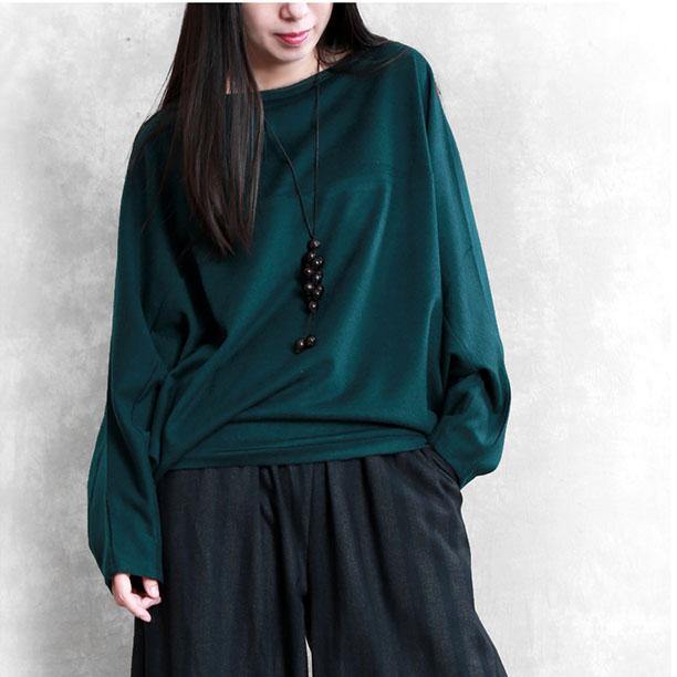 Vintage blackish green clothes casual knitted blouse Batwing Sleeve Slash neck - Omychic