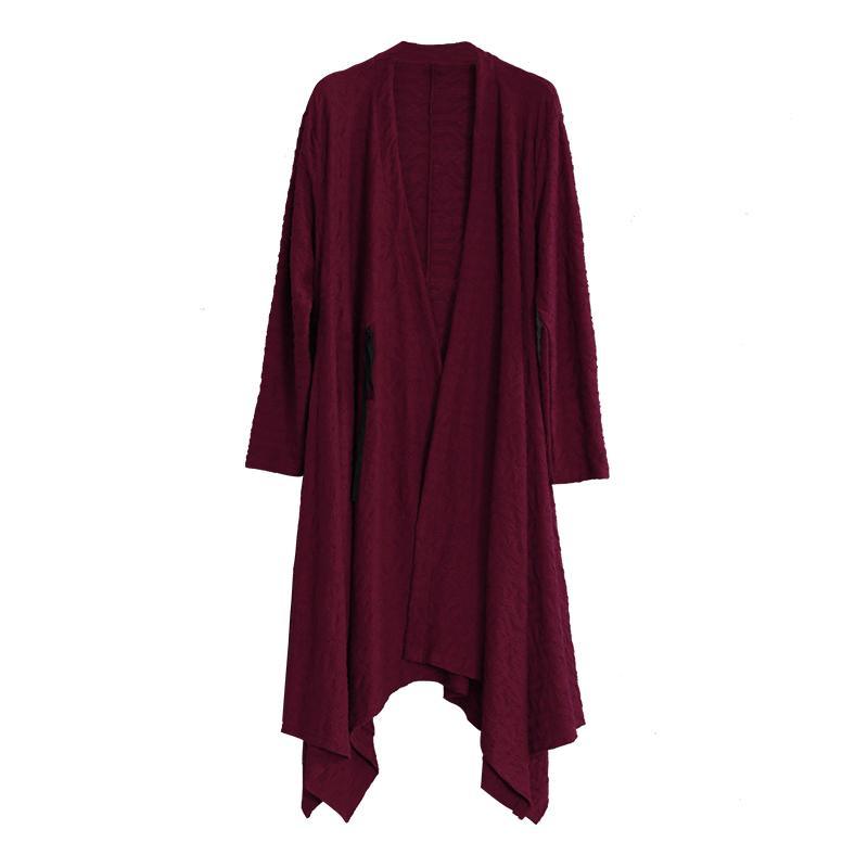 Vintage fall knit outwear burgundy Jacquard tie waist asymmetric coats - Omychic