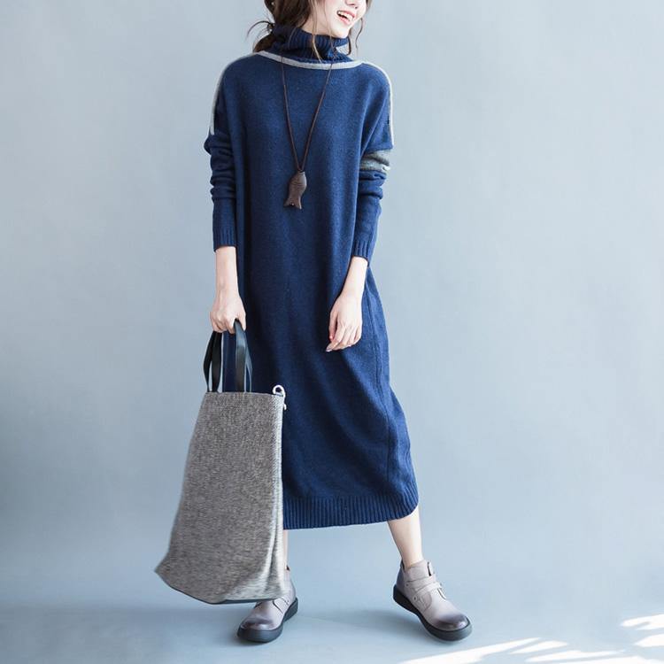Vintage high neck Sweater dress outfit Street Style navy Hipster knitted tops fall - Omychic