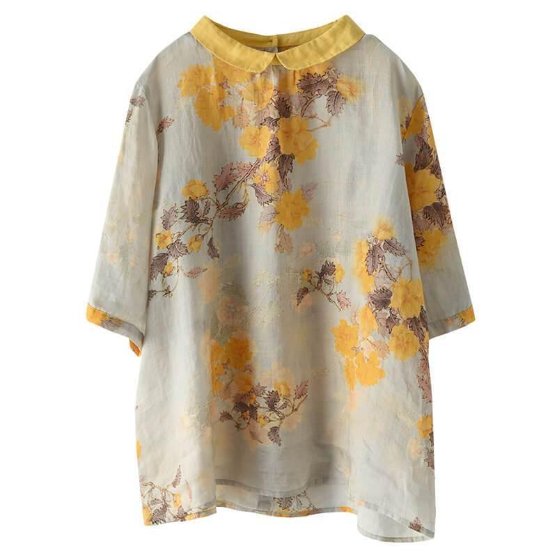 Vintage Linen Women Casual Floral Print Breasted Shirt - Omychic