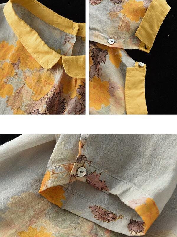 Vintage Linen Women Casual Floral Print Breasted Shirt - Omychic