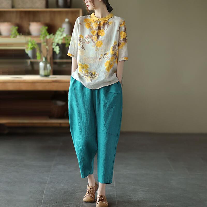 Vintage Linen Women Casual Floral Print Breasted Shirt - Omychic