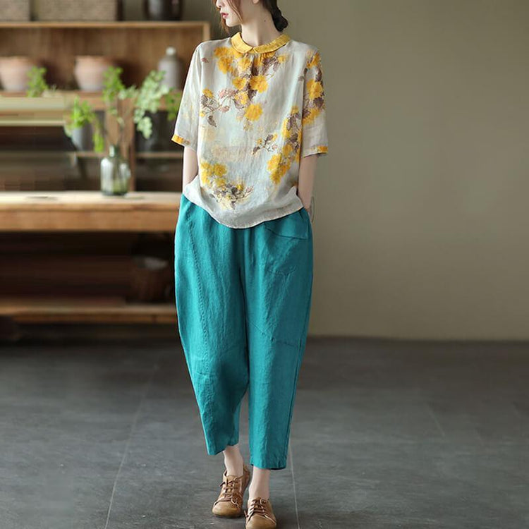 Vintage Linen Women Casual Floral Print Breasted Shirt - Omychic
