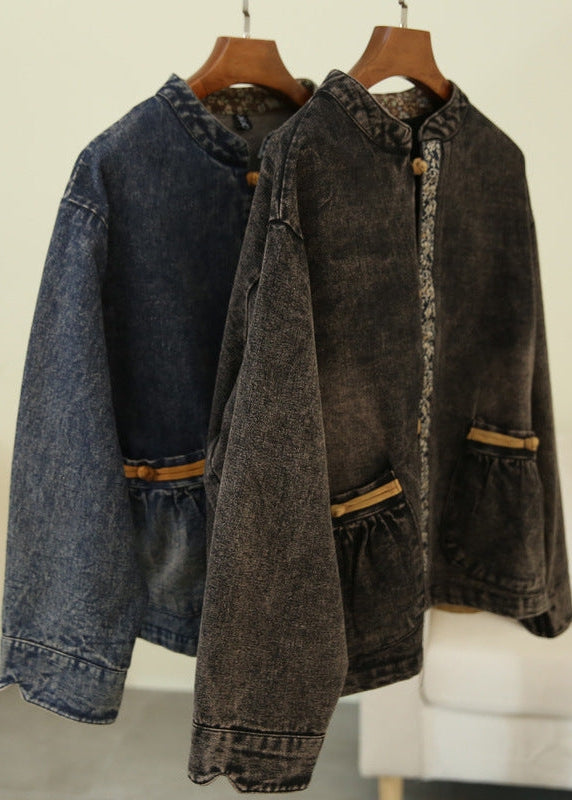 Retro Patchwork Pocket Breasted Stand Collar Jacket