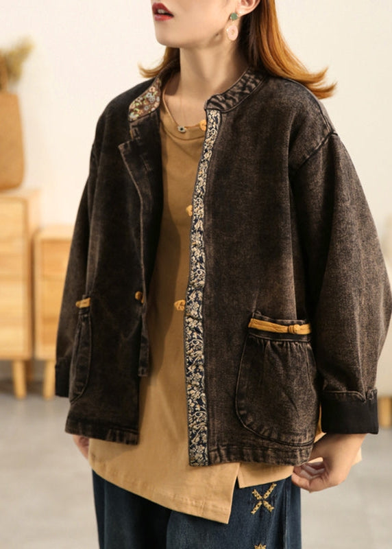 Retro Patchwork Pocket Breasted Stand Collar Jacket