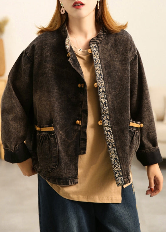 Retro Patchwork Pocket Breasted Stand Collar Jacket