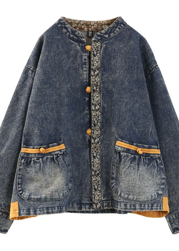 Retro Patchwork Pocket Breasted Stand Collar Jacket