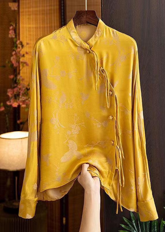 Vintage Yellow V Neck Asymmetrical Design Wrinkled Print Blouse Top Lantern Sleeve