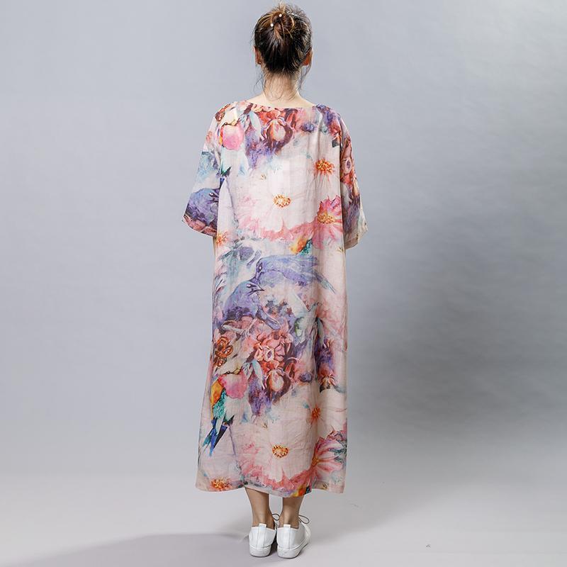 Vintage Print Floral Round Neck Short Sleeve Dress - Omychic
