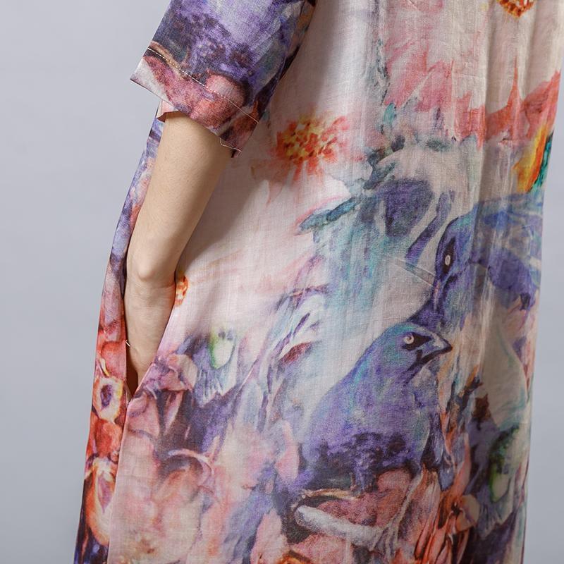 Vintage Print Floral Round Neck Short Sleeve Dress - Omychic