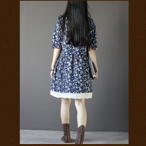 Vintage blue floral summer dress loose fitting knee dresses - Omychic