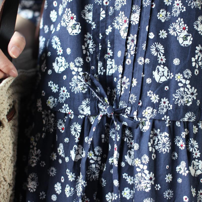 Vintage blue floral summer dress loose fitting knee dresses - Omychic