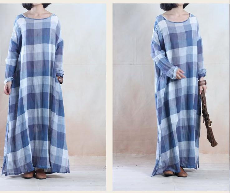 Vintage blue grid long linen maxi dress spring dresses caftan floor length - Omychic