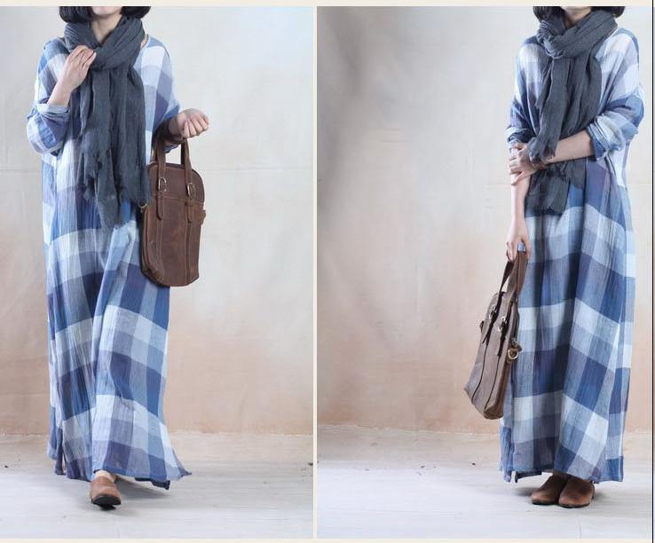 Vintage blue grid long linen maxi dress spring dresses caftan floor length - Omychic
