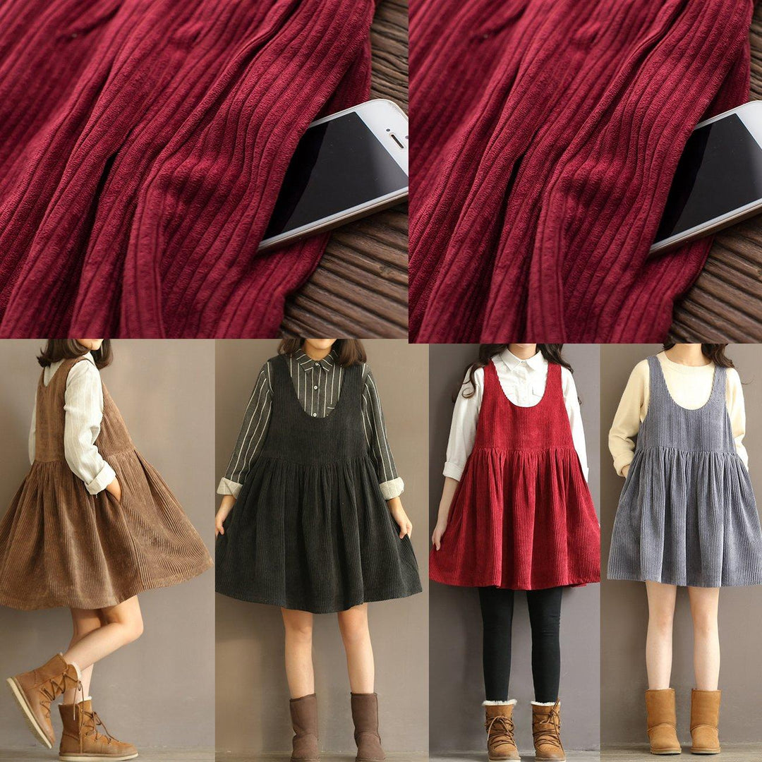Vintage burgundy oversize casual spring dress corduroy high waist dress - Omychic