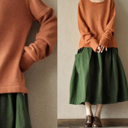 Vintage green big pockets linen skirts high quality stylish loose fitting skirt - Omychic
