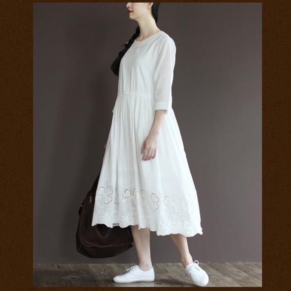 Vintage half sleeve white cotton dress summer long sundresses - Omychic