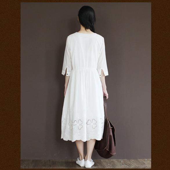 Vintage half sleeve white cotton dress summer long sundresses - Omychic