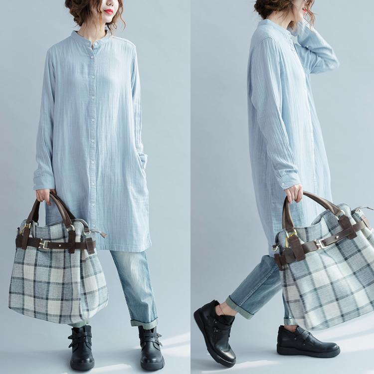 Vintage light blue cotton dresses oversize shift dress womens long sleeve cotton shirt - Omychic