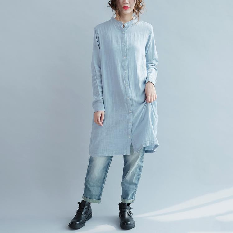 Vintage light blue cotton dresses oversize shift dress womens long sleeve cotton shirt - Omychic