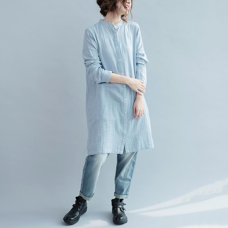 Vintage light blue cotton dresses oversize shift dress womens long sleeve cotton shirt - Omychic